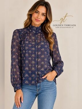 Pendleton Floral Sheer Blouse 12 Navy High Neck Button Back Long Sleeve